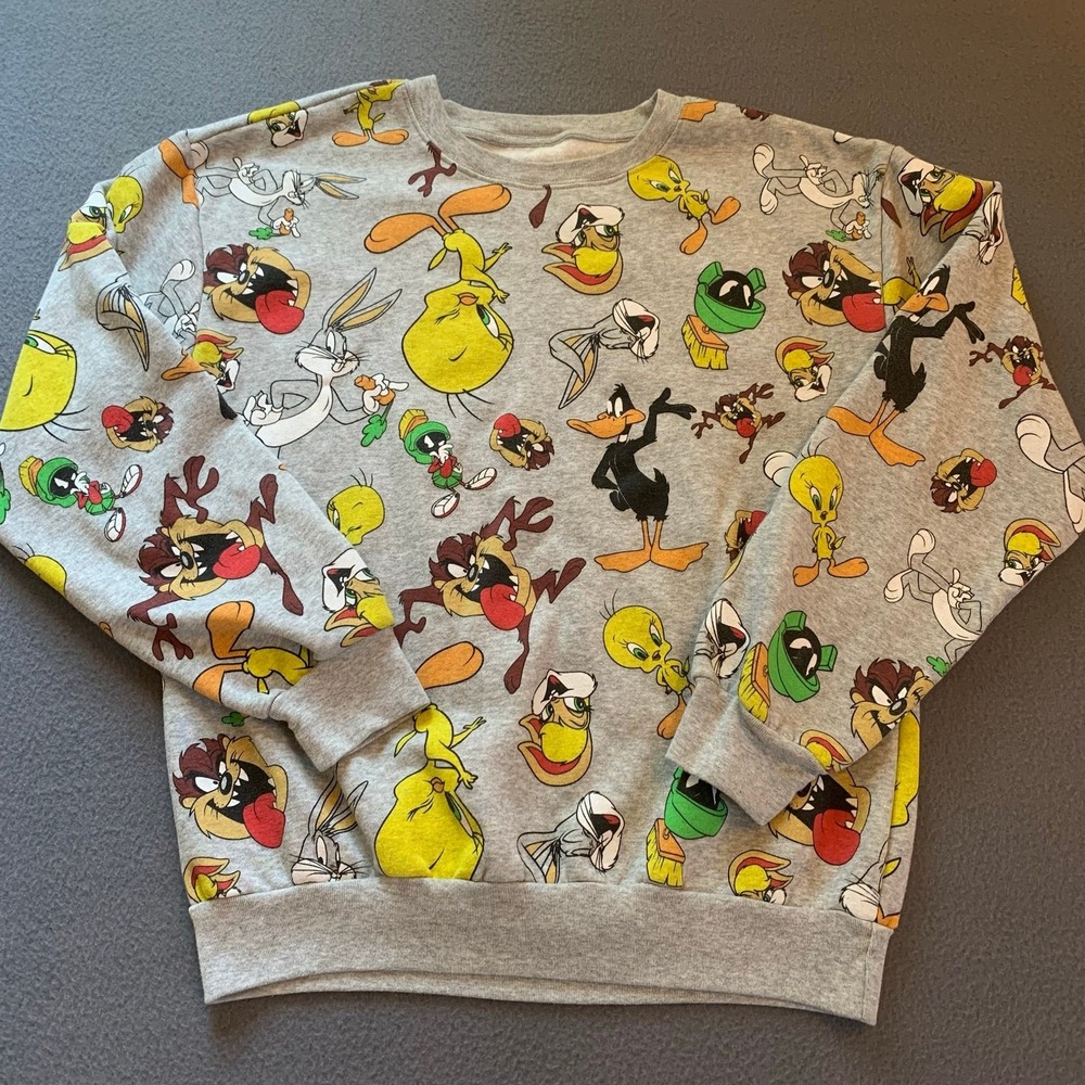 Looney Tunes All Over Print Crewneck Sweater Gray Cartoon Taz Bugs Bunny Medium